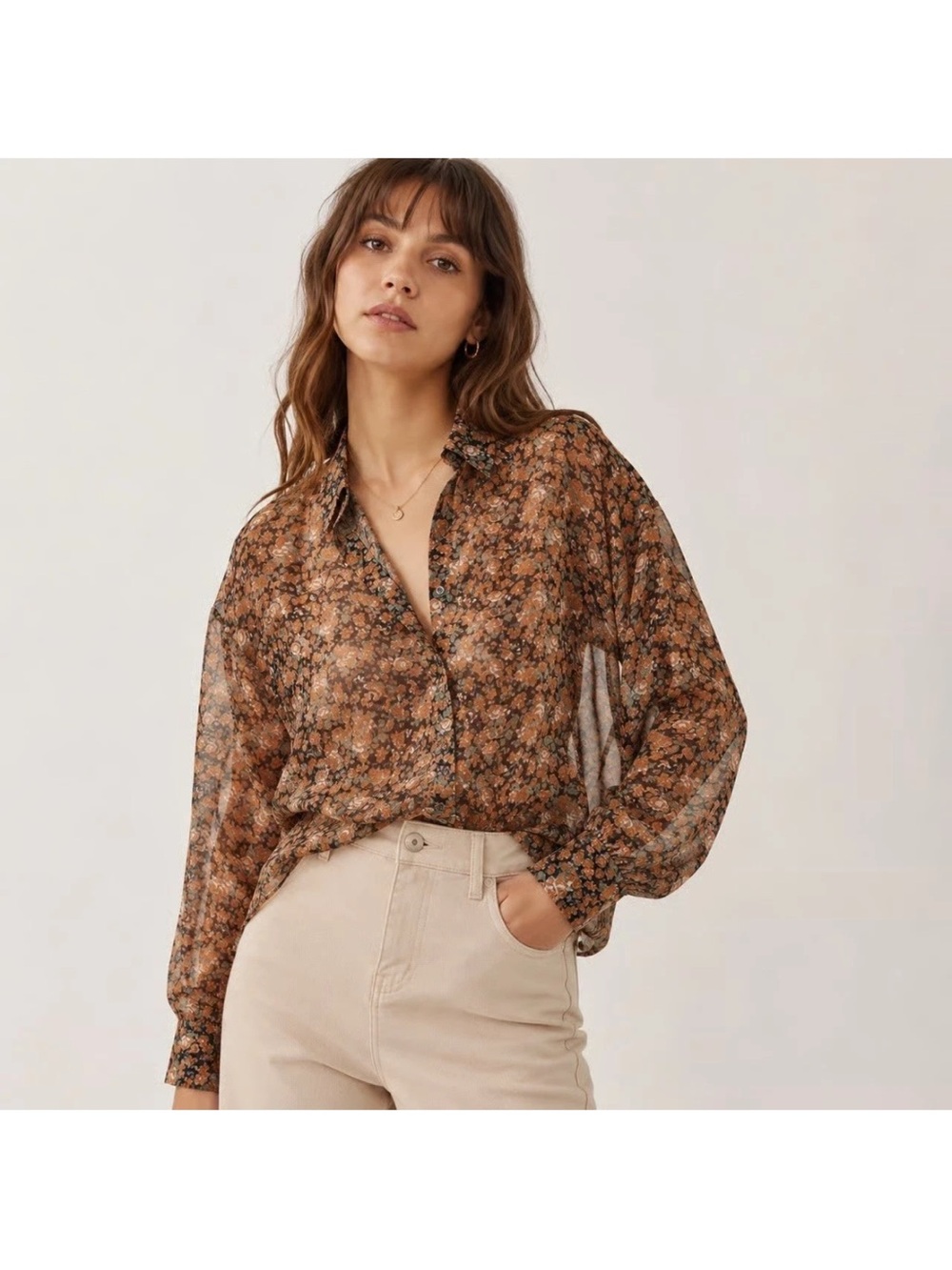 Free People Button Down Floral Sheer Blouse Women’s Top Size Small